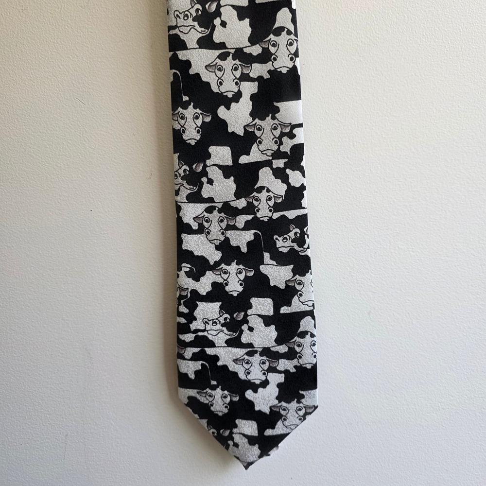 Renaissance Hand Made Mens Cow Print Novelty Tie Black White Dairy Farmer Animal